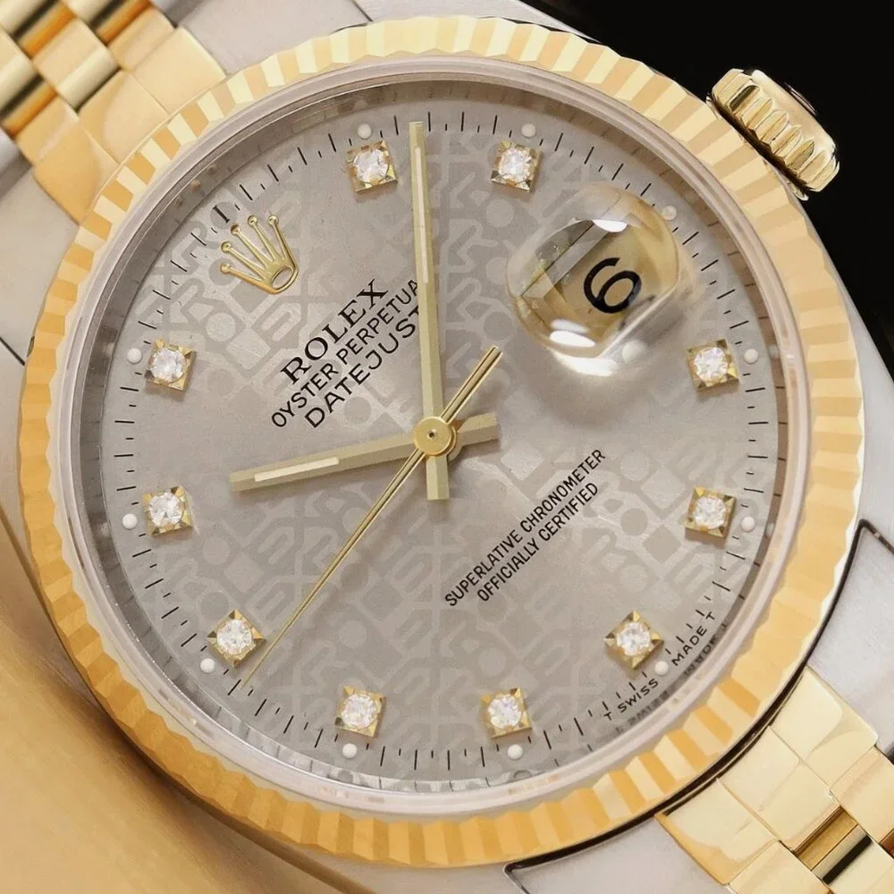 ROLEX MENS DATEJUST GRAY JUBILEE DIAMOND DIAL 18K GOLD WATCH